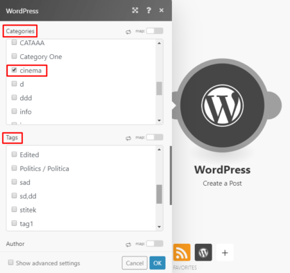 Integromat WordPress module settings