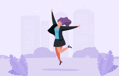 A happy businesswoman jumping outside.
