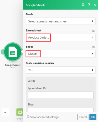 Google Sheets Integromat module settings