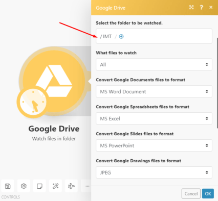 Google Drive Integromat module settings