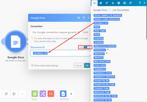 Google Docs Integromat connection settings