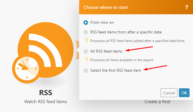 Integromat RSS trigger settings