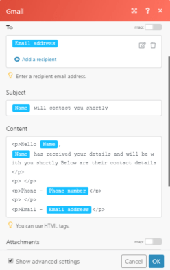 Integromat Gmail module configuration