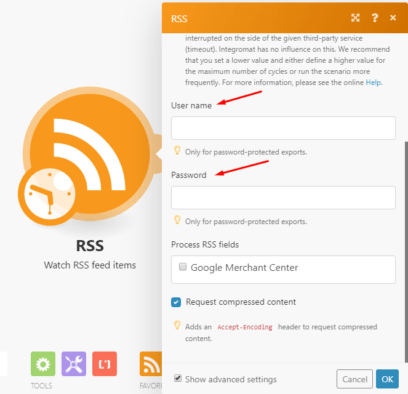 Integromat RSS module configuration